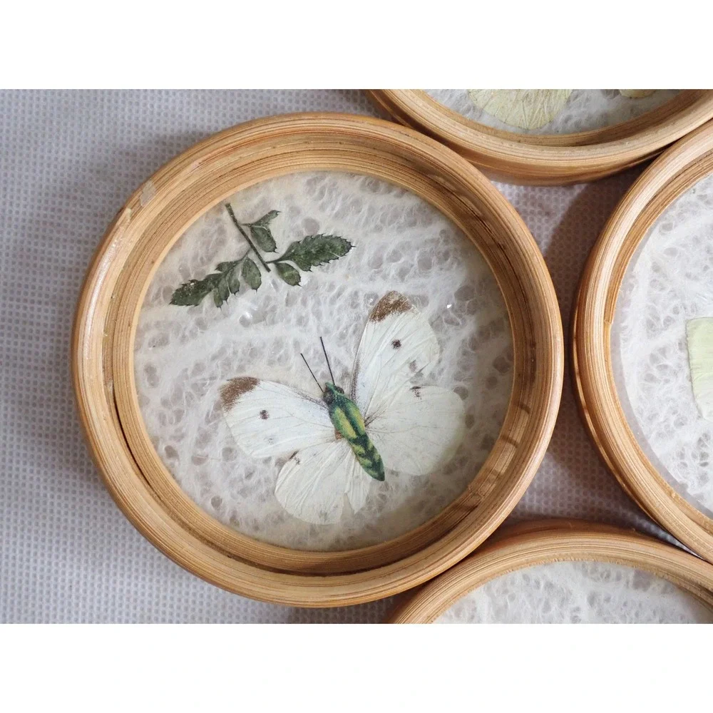 Vintage Bamboo Butterfly and Floral Coasters Set of 4 Natural Boho Decor Retro